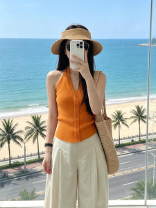 PEIXI | Orange V-Neck Halter Knit Tank Top