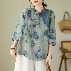 Retro Chinese Style Print Ramie 3/4 Sleeve Shirt Plus Size Womens Clothing Contrast Color Thin Embroidery Retro Pullover Tops Summer