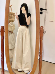 Quần Ống Rộng Cạp Cao Màu Be Thường Ngày Cho Nữ Mùa Hè Thiết Kế Quần Áo Công Sở Rộng Rãi Thoải Mái