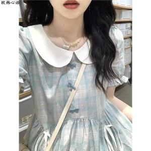 Váy Midi Kẻ Caro Cổ Búp Bê Màu Tương Phản Cho Học Sinh Trung Học Mùa Hè 2024 Váy Cotton Ngọt Ngào Thời Trang Cho Bé Gái