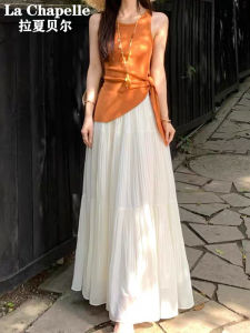 White Pleated Mini Dress Women Summer 2025 New Luxury Sensation Holiday Style Long Skirt Waist Cinching Slimming Maxi Skirt