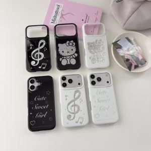Sanrio | Luxury Cute Musical Note Sanrio Hello Kitty Sparkling Phone Case For iPhone 15 16 17 Pro Max Shockproof Girly Protective Cover