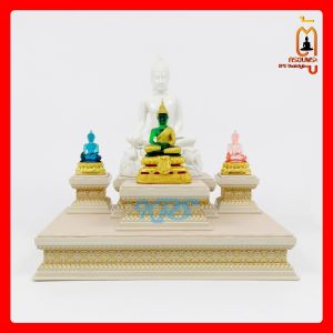 ฐานรองพระ ฐานพระ ดอกพิกุลสีเหลืองทอง ฐานสีขาว ครีม สูง 3 นิ้ว ผ้าหนัง PUขาวครีม