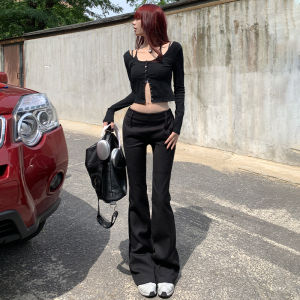 MNVZ High Waist Black Casual Micro Flared Pants Womens Street Style Versatile Slimming Wide Leg Horse Hoof Long Trousers