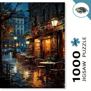 1000pcs Jigsaw Puzzle - Nighttime Parisian Café Scene with Cozy Lights & Rainy Streets Scratch-Resistant