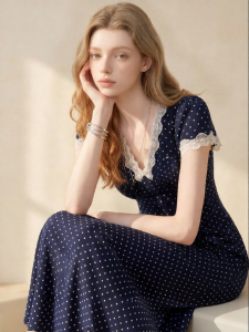 Polka Dot Lace Edge French Vintage Slimming V-Neck Long Dress