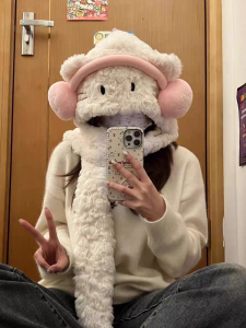 Cute Cat Ear Plush Hat Scarf Set Thick Warm Winter Hooded Neck Warmer for Women Students Sweet Lovely Cartoon Design
