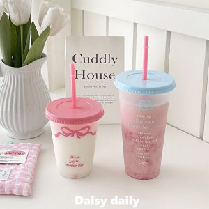 Cốc Nhựa Dung Tích Lớn Màu Hồng Có Thắt Nút Bướm Dùng Để Uống Cà Phê Có Thể Tái Sử Dụng Chịu Nhiệt Độ Cao Phong Cách Hàn Quốc
