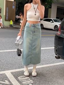 Gdhes house กระโปรงยีนส์เย็บปักถักร้อยวินเทจ ทรงเอสีน้ำเงินอ่อนผ่าหลัง S-3XL