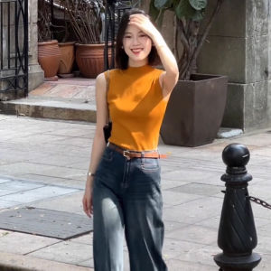 BINKAFENNY | เสื้อยืดถักคอสูงครึ่งตัวแขนกุดสีส้มสำหรับผู้หญิงในช่วงฤดูร้อน เสื้อตัวบนทรงเข้ารูปแบบหวานและเผ็ดร้อน