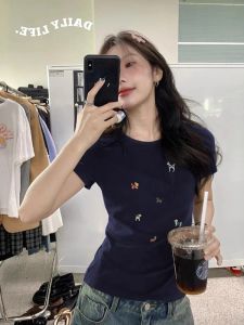 Áo Thun Tay Ngắn Ôm Vừa Vặn Màu Xanh Tím Thời Trang Mùa Hè 2025 Phong Cách Hàn Quốc in Họa Tiết Cổ Tròn Tay Thường