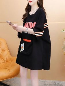 Pure Cotton plus Size Short Sleeve T-Shirt Womens Mid-Length Loose Belly Covering Slimming Summer Pocket Zipper Top