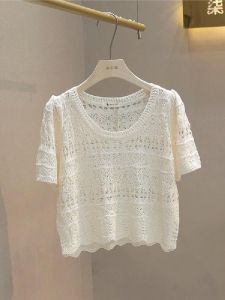 Summer New Style round Neck Korean Version Loose Casual Thin Hollow out Hook Flower Womens Top Sun Protection Short Sleeve