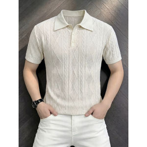 Lattice Cutout Stylish Thin Knitted Polo T-Shirt for Men