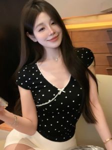 GUZILIAN | Sweet Youthful Polka Dot Short Sleeve V Neck Black T Shirt Womens Summer French Girl Style Pure Desire Miniature Korean Version
