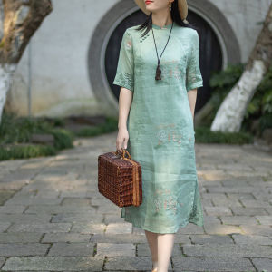 Nianjiangnan Chinese Zen Machine Embroidery Ramie Improved Cheongsam Female Stand Collar Half-Sleeved Elegant Dress