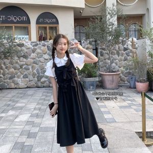 Sweet Butterfly Knot Strap Dress Womens Summer New Style French Vintage Shirt College Wind Small Black Dress Set A-Line Skirt