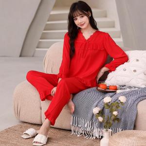 Womens Silk Cotton Pajamas Comfortable Lace Home Clothes Nine-Sleeve Long Pants Ladies Celebration Set Spring Summer New Model