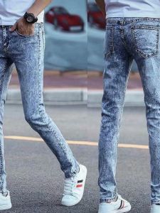 Spring Autumn Mens Jeans Slim Fit Casual Elastic Waist Long Pants Versatile Style Youthful Trendy Classic Blue Cotton Denim