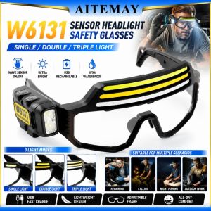 Aitemay Adjustable COB Strip Headlight Glasses Motion Sensor USB Rechargeable Protective Eyewear Work Lamp Outdoor Cycling Night Fishing Hands Free Torch Light