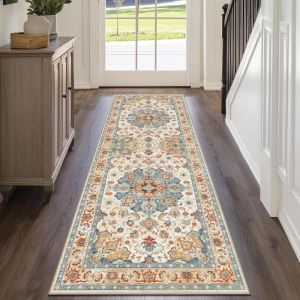 VIKAMA Distressed Vintage Floral Long Runner Rug Persian Oriental Non Slip Washable Carpet For Hallway Bedroom Entryway Decor