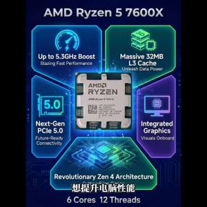 AMD | Used R5 7600X AMD Ryzen 5 7600X 4.7GHz CPU processor 6-Core 12-Thread 5NM L3=32M 100-000000593 Socket AM5