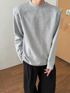 เสื้อยืดคอกลมแขนยาวบุด้วยผ้าฝ้ายสำหรับผู้ชาย สีเทา ดีไซน์ไหล่กว้าง ทรงหลวม ใส่ได้ทุกฤดูกาล เสื้อชั้นในลำลองสำหรับผู้ชาย