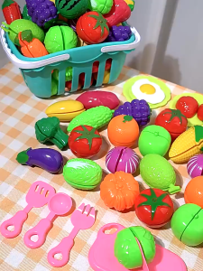 75/111Pcs Kids Cuttable Simulation Vegetable and Fruit Play Set Cutting Toy Childrens Cutting Fruit Play Learn Education Toys 儿童过家家玩具厨房切水果套装蔬菜宝宝可切菜男孩女孩蛋糕切切乐