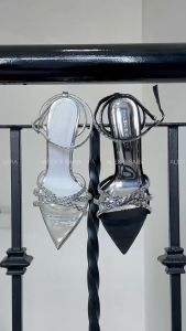 Giày cao gót nữ gót nhọn mũi nhọn đế kim tuyến quai đính đá xếp chéo lấp lánh thời trang | ALEX & SARA - AL315