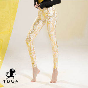 BHYOGA Wall Lizard Yoga Pants Gold Foil Snake Print Nine-Tenths Length Womens Breathable Polyester Fitness Yoga Trousers