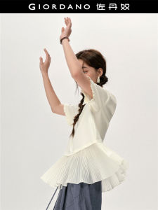 Giordano Designer Loose T-Shirt Womens Pearl Mesh Underlay round Neck Short Sleeve Sweet Princess Style Cotton Polyester Blend Summer Top