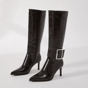 Desai Womens Comfortable Knee High Boots Patent Leather Pointed Toe Stiletto High Heel Buckle Elegant Chic Stylish Fall Winter