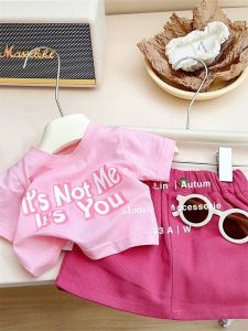 Summer New Arrival Little Girl Pink Pure Cotton Short Sleeve Girls Two-Piece Suit Short Skirt Contrast Color Tops Children Western Style