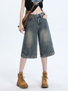 QIAOMIDUO | กางเกงขาสั้นผ้ายีนส์ทรงย้อนยุคยาวถึงเข่าสำหรับฤดูร้อน กางเกงขาสั้นผู้หญิงขนาดใหญ่ กางเกงขาสั้นทรงเข้ารูปเอวสูง ผ้าฝ้ายผสมโพลีเอสเตอร์