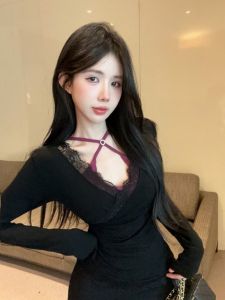 GUZILIAN | Pure Desire Sweet Spicy Low Cut V Neck Womens Lace Base Shirt Inner Wear Neck Hanging Strap Two Piece Set Commute Style Korean Version