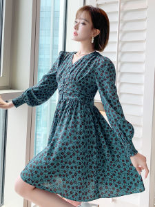 Romantic V-Neck Puff Sleeve High-Waist Floral Dress