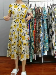 Womens Elegant Round Neck Dress With Belt Printed Casual Skirt Pleated Floral Casual Skirt 2233
