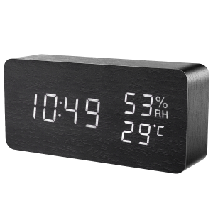 Brifit Digital Alarm Clock LED Wooden Clock Wooden Alarm Clock 12/24H Format 3 Brightness Adjustable 3 Alarm Settings Voice Control Dual Power Date Temperature Humidity for Home Bedroom Office
