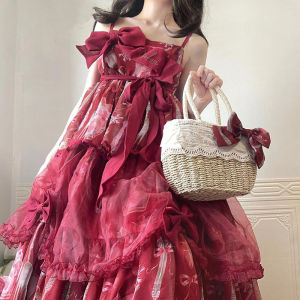 Lolita Three-Part JSK Dress with Big Skirt And Sash Graduation Season Cosplay Clothing Red Strap Butterfly Knot Design Summer 2024