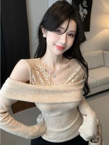 GUZILIAN | เสื้อถักแขนยาวผู้หญิงสไตล์เกาหลีดีไซน์เก๋ไก๋ ผ้าไนลอน คอวี แขนยาว กระโปรงทรงเอ ฤดูใบไม้ผลิ 2024