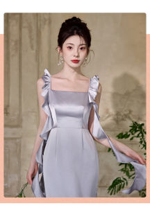 Maids of Honor Long Satin Gown Womens Elegant Simple Style Wedding Dress Floor-Length Korean Style Mid-Waist Polyester Fiber