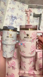 Stanley x LoveShackFancy Limited Edition Gift Set 40oz Tumbler with Straw Floral Design Pink Gift Box Drawstring Bag