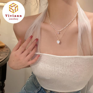 Viviann Original Design Gold Plated Zircon Pendant Necklace Luxury Ins High-quality Double Layers Chain Necklaces for Women Female Jewelry Double Love Heart-shaped Moonstone Pendant Necklace Women Gradient Gemstone Clavicle Chain Couple
