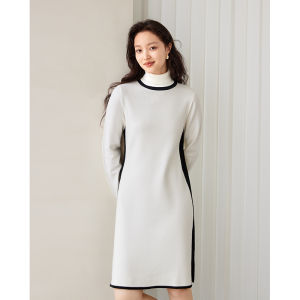 Yigue | Elegant High Neck Long Sleeve Knit Dress for Spring Autumn Leisure Match