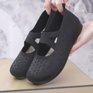 รองเท้าผ้าปักลายถักแบบสวมสบายสำหรับผู้หญิง รองเท้าผ้าใบป้องกันการลื่น ระบายอากาศได้ดี รองเท้าพื้นนุ่ม น้ำหนักเบา รองเท้าเดินทาง