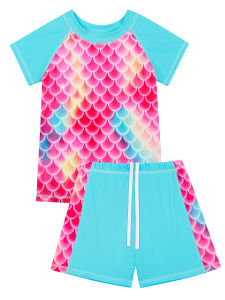 Swimming Suit Girls 2-Piece Swim Set Short Sleeve Rash Guard & Boyleg Shorts for Kids Ages 3-12 Swimwear Mermaid Scale Print