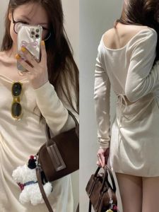 plus Size Womens Korean Style Lazy Feel Pure Color Midi Top Early Autumn Design Backless Waist Exposure Belted T-shirt