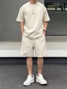 Summer 2025 New Pure Color Casual Sports Suit Trendy Loose Couple Style Short Sleeve Shorts Two Piece Set for Young Men