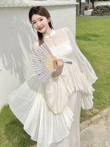 New Chinese Style Silk Shirt Womens Summer Design Large Swing Fairy Atmosphere Stand Collar Long Sleeve V-neck Regular Length