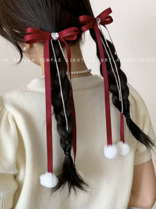 Ribbon Tassel Bows Barrettes Autumn and Winter Super Fairy Clip Cute Double Ponytail a Pair of Hairclips New Year Duckbilled Hair Accessories